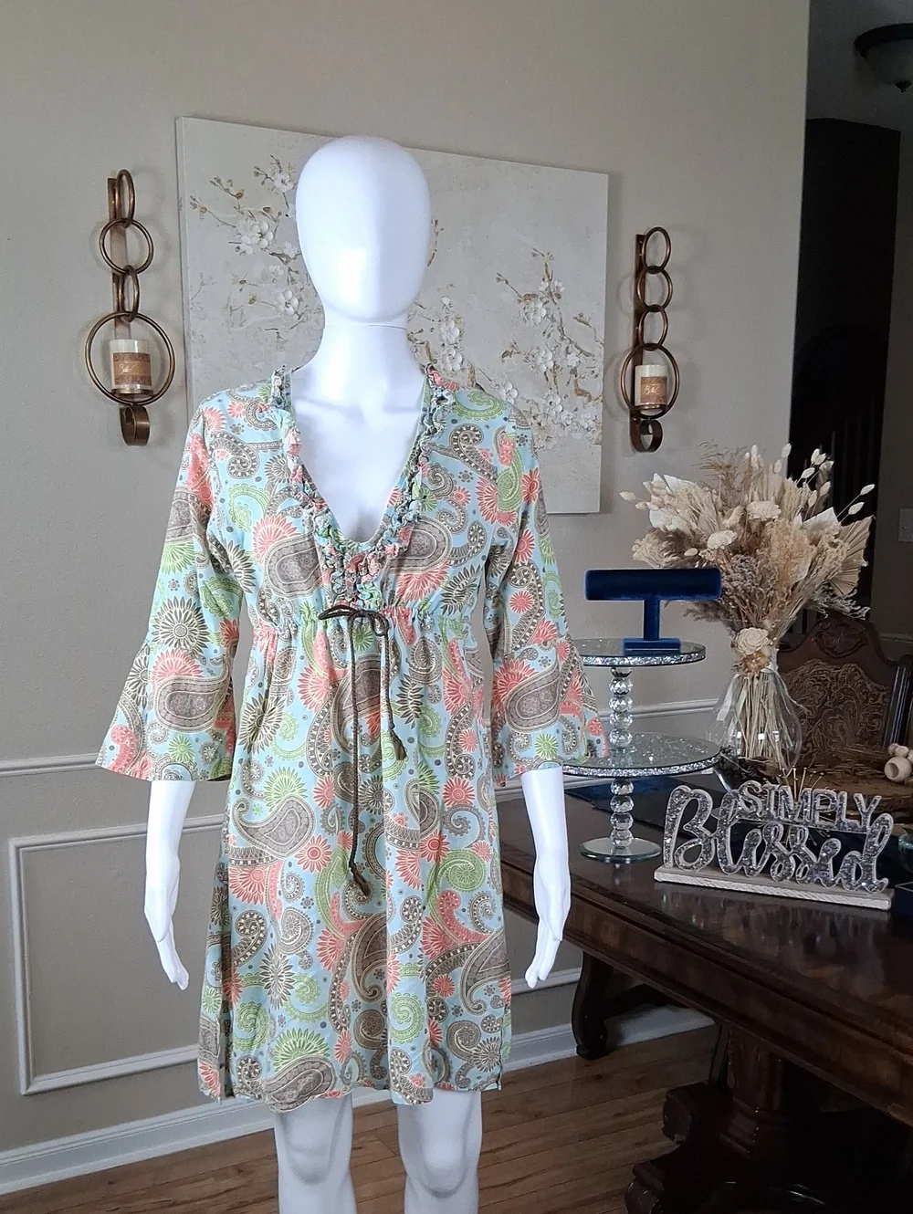 Women's Boho Linen Paisley Print Summer Dress  Multicolor Coverup Medium - Picture 14 of 17